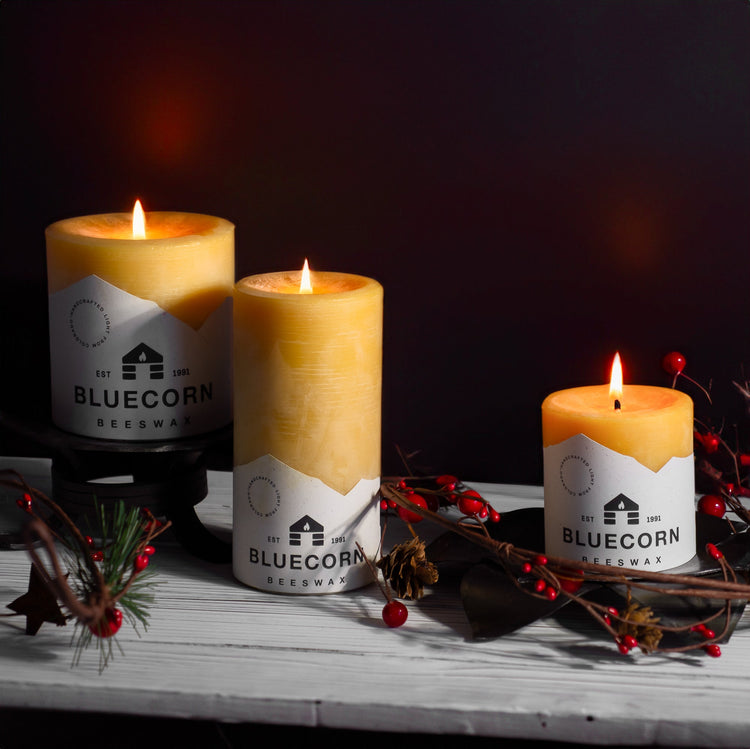 Pure beeswax pillar candles from Bluecorn Beeswax