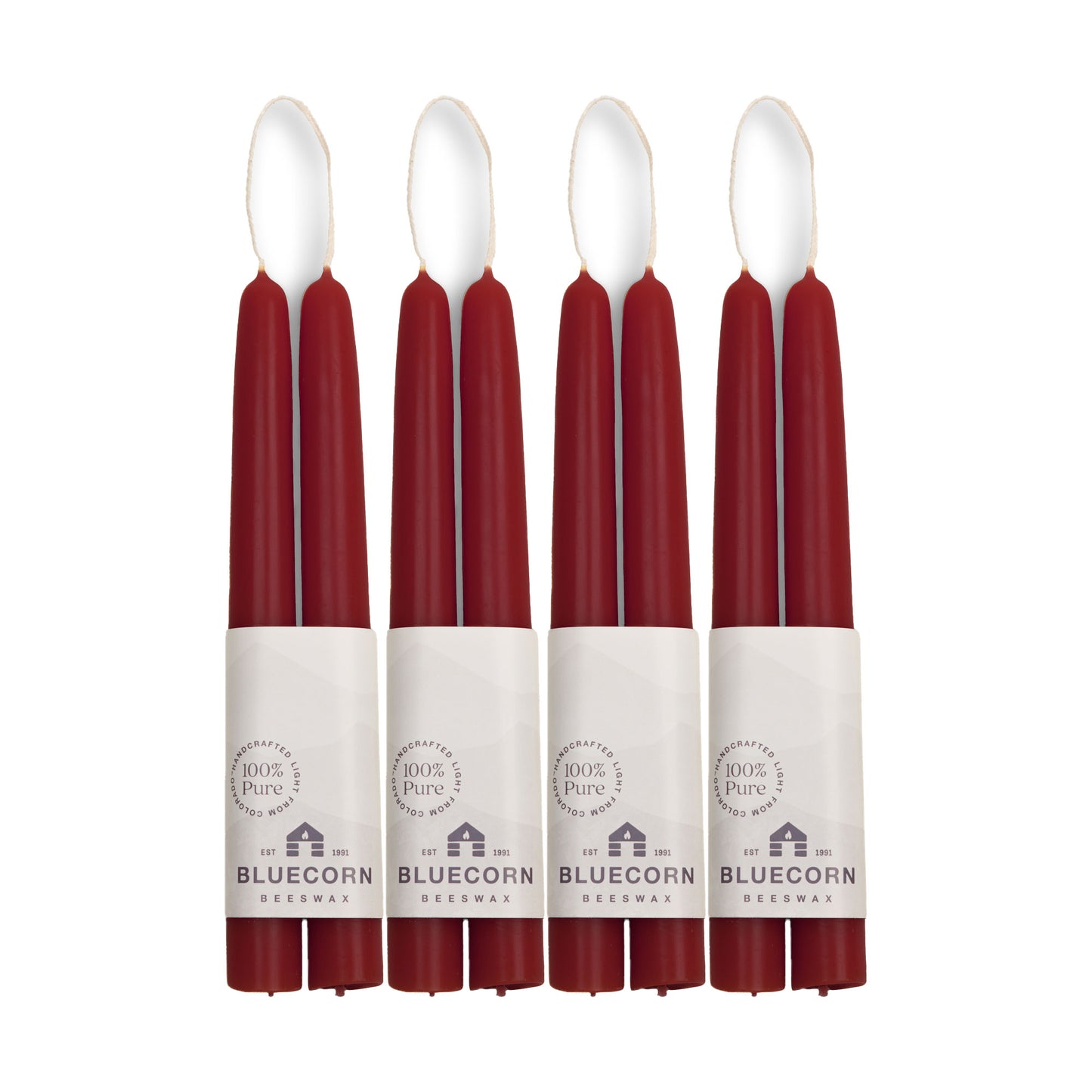 discounted bulk 8-pack of short, dark red beeswax tapers from bluecorn candles