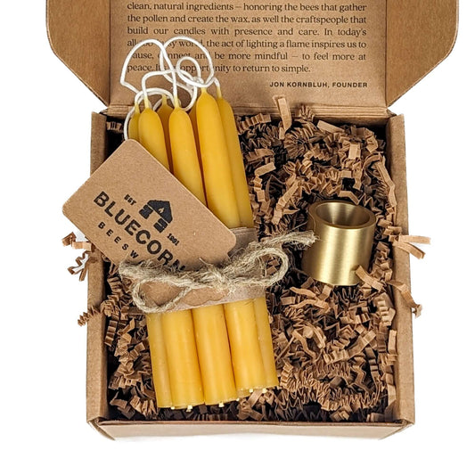 pure beeswax mini tapers and a solid brass holder in gift box bluecorn candles - candle gift set