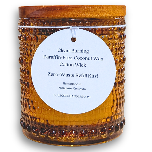 Unscented candles Coconut Wax Candles in amber glass jar with clean-burning label and cotton wick.