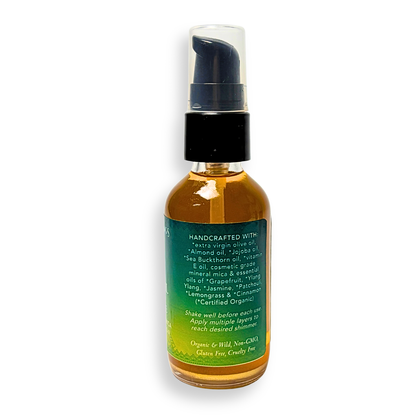 Bottle of handcrafted skincare product with a green label on a white background