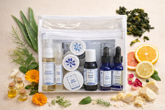 Skincare product set with bottles and containers on a neutral background with natural elements.