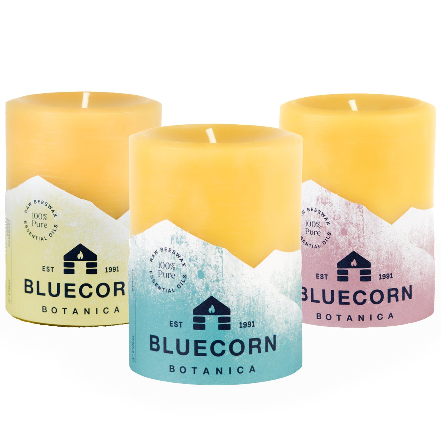 Beeswax Botanica Holiday Pillar Trio - Candles Scented with Essential Oils - Bluecorn Candles