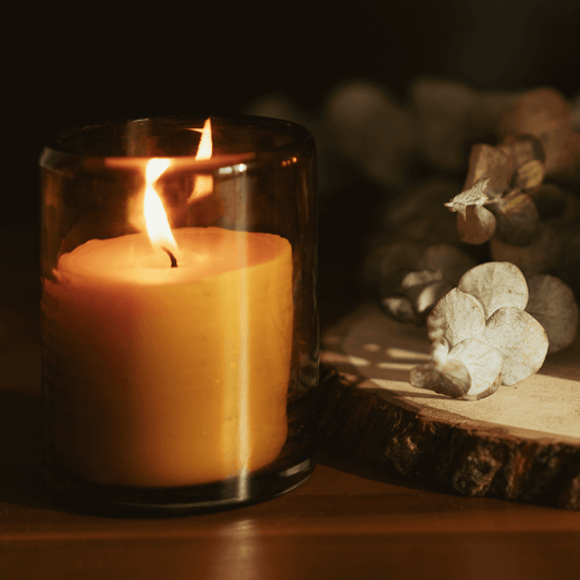 bluecorn beeswax candle in blown glass holder refill candles available handmade in usa