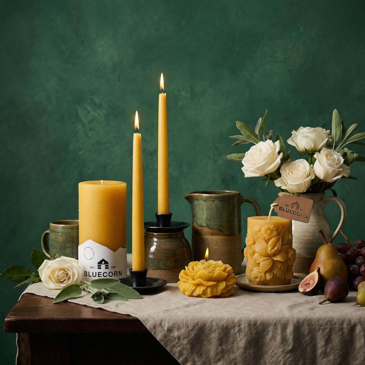 Raw - 12" Hand-Dipped Beeswax Taper Candles - 1 Pair