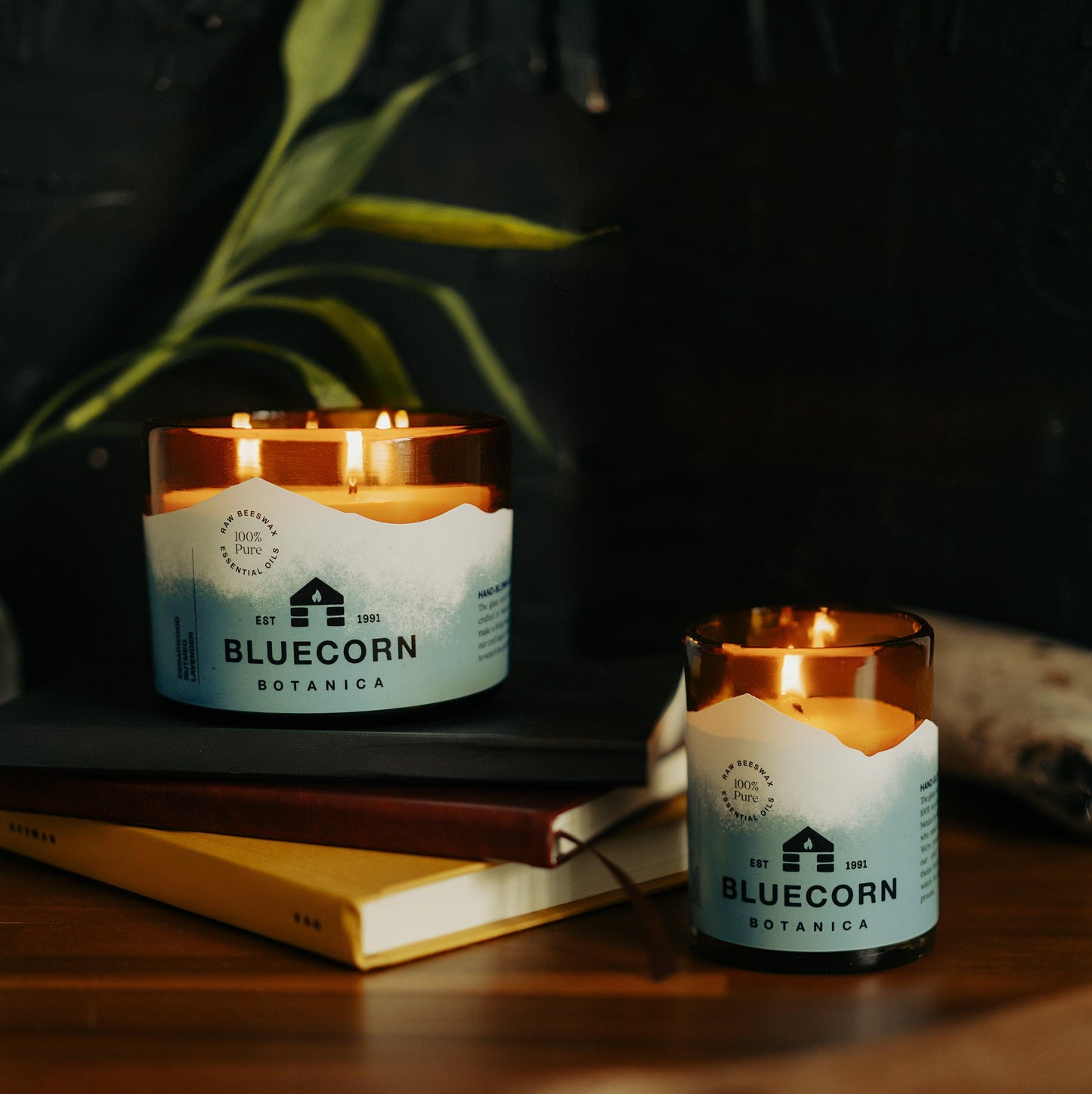 beeswax candles scented candles with essential oils of cedarwood, nutmeg and lavender in bluecorn beeswax packaging