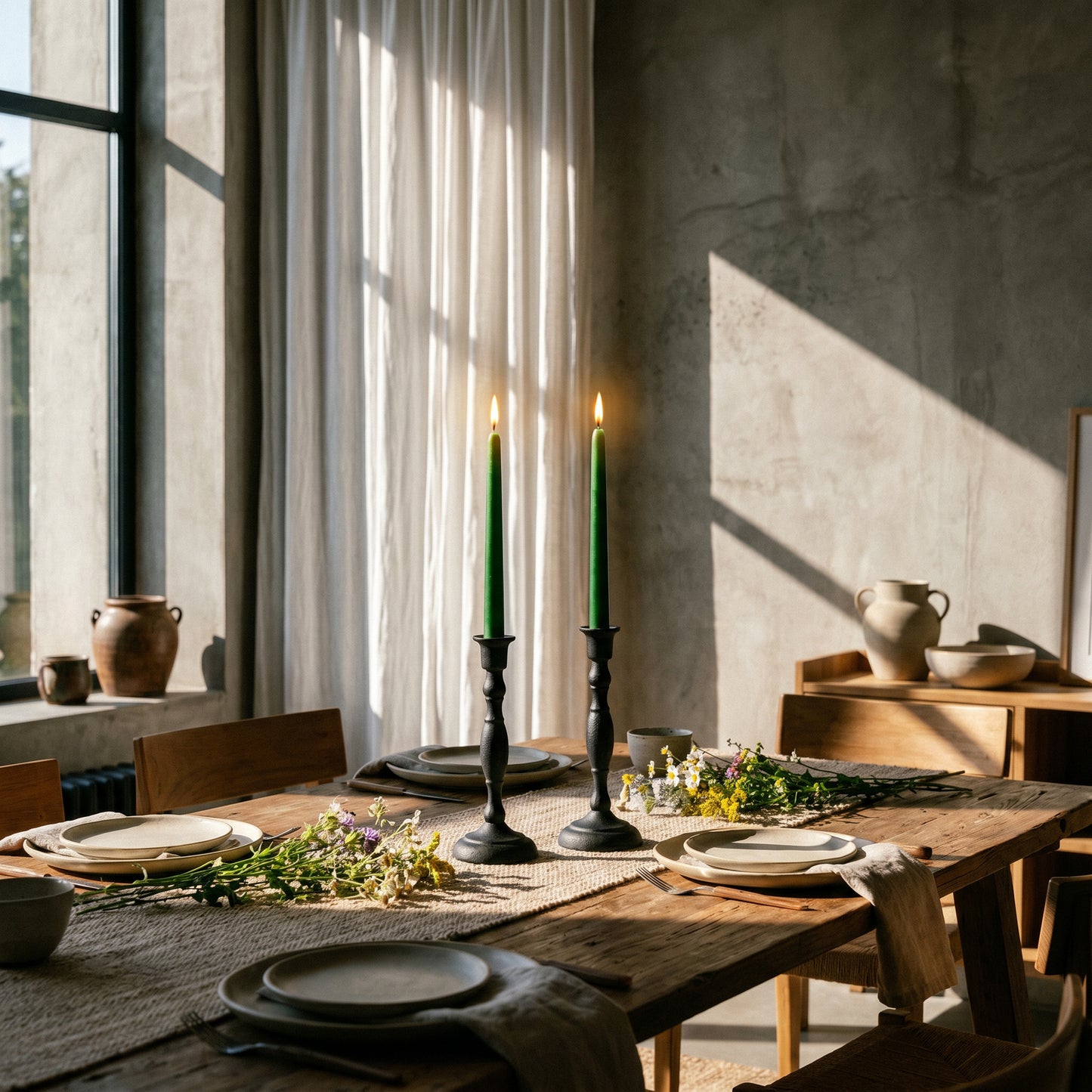 dining table set with moss green beeswax taper candles from bluecorn beeswax