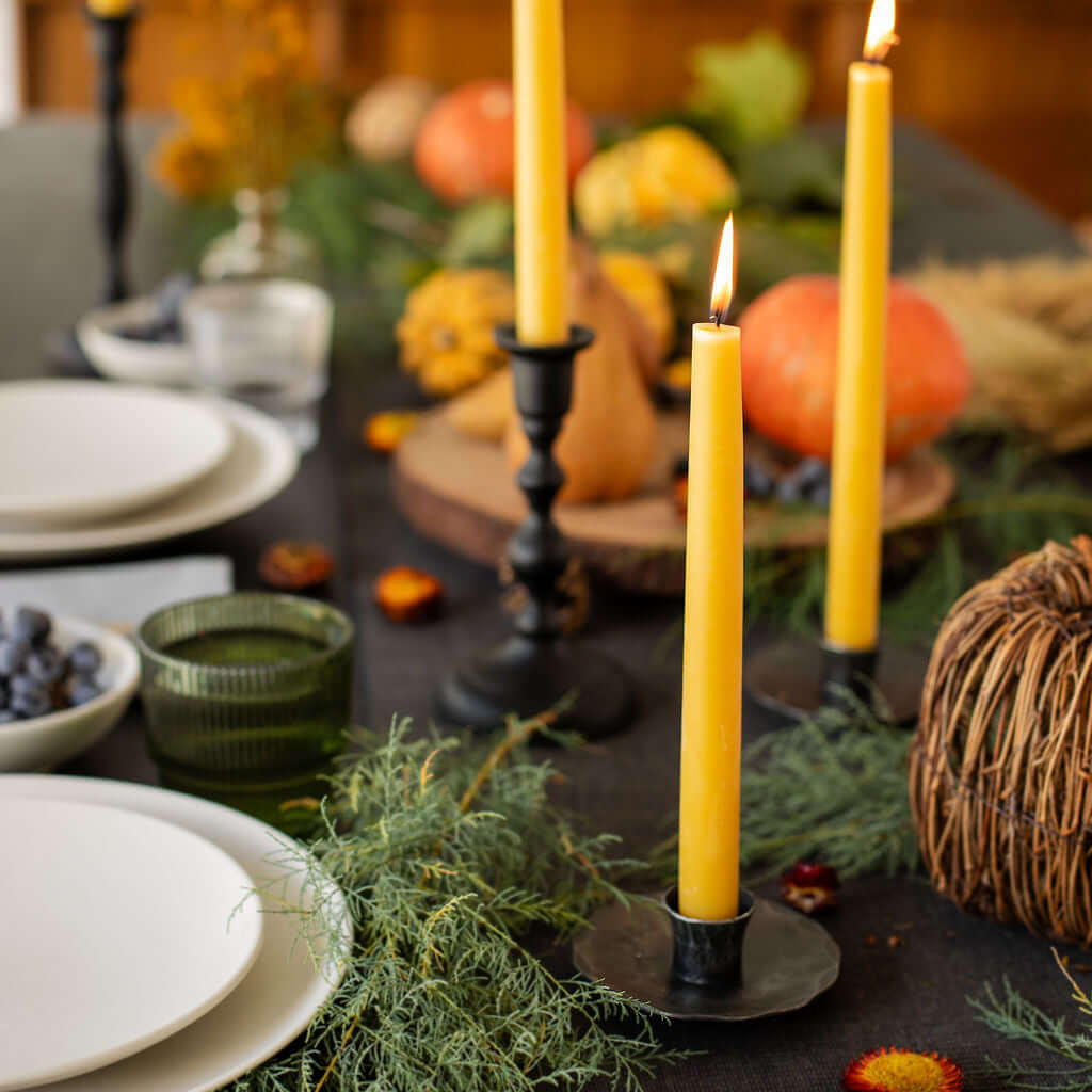 raw beeswax taper candles dining table decor