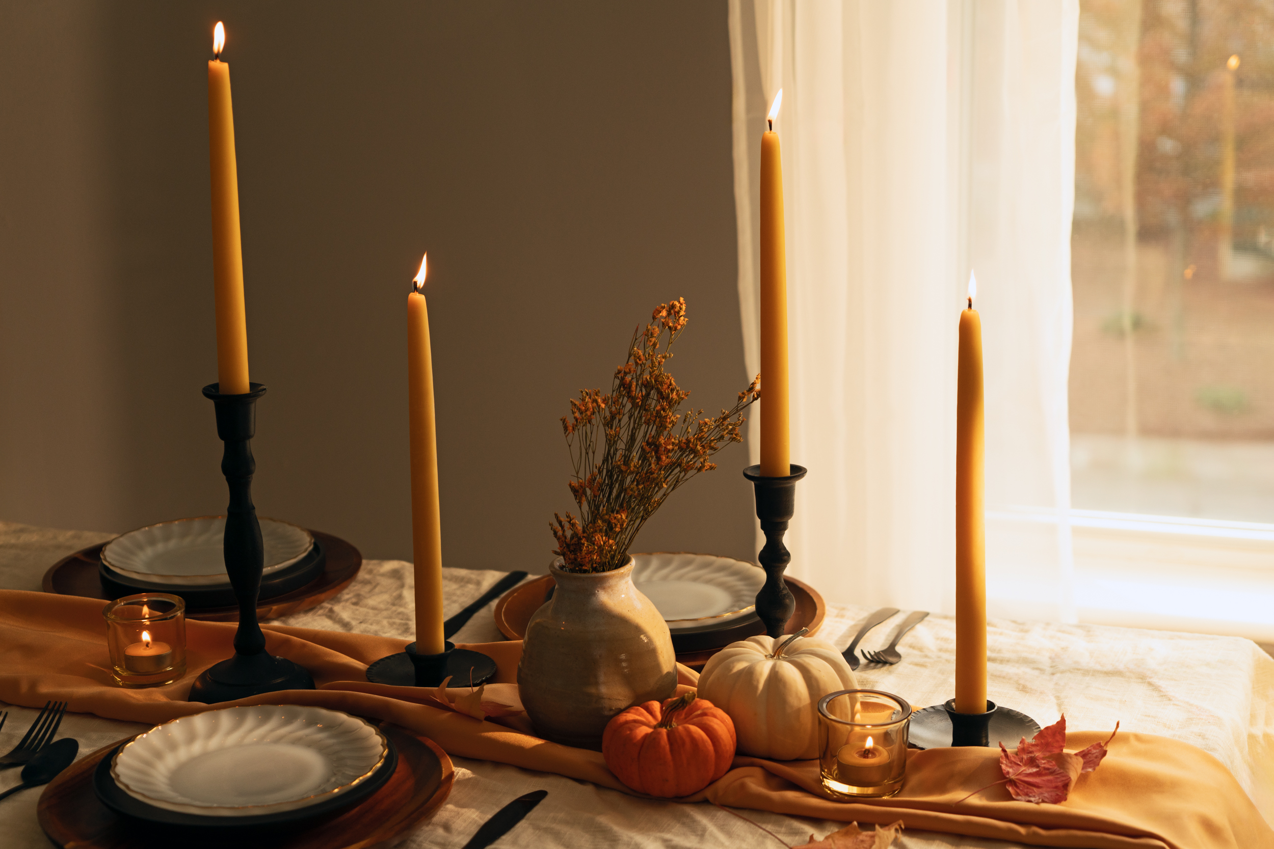 beeswax taper and tea light candles bluecorn thanksgiving table