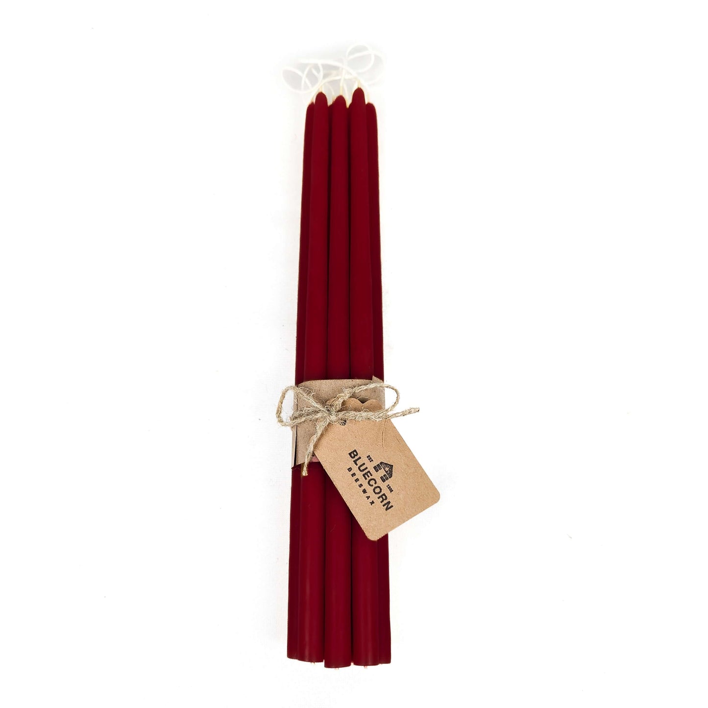 bundle of thin beeswax taper candles in burgundy fron bluecorn beeswax candles