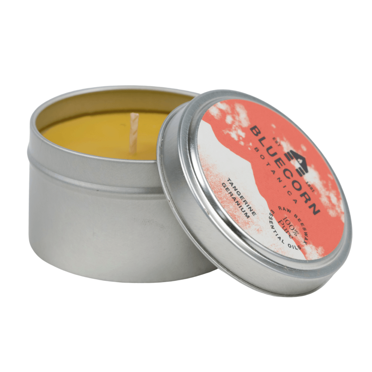 Bluecorn Botanica Tangerine and Geranium 100% Pure Beeswax Travel Tin Candle. Burn Time: 6oz Candle: 30 Hours. 2oz Candle 12 Hours. Made with 100% Pure Beeswax and 100% Pure Essential Oils. Made with 100% pure cotton wick, no lead and paraffin free. Clean burning and non-toxic. Features Bluecorn Botanica Label in recyclable aluminum tin. Perfect for travel, camping and gifts.