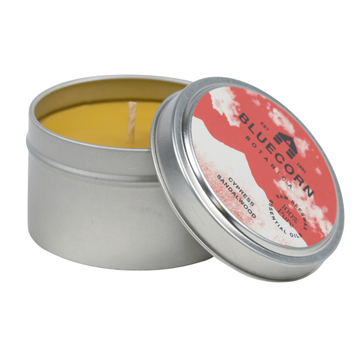 Bluecorn Botanica Cypress and Sandalwood 100% Pure Beeswax Travel Tin Candle. Burn Time: 6oz Candle: 30 Hours. 2oz Candle 12 Hours. Made with 100% Pure Beeswax and 100% Pure Essential Oils. Made with 100% pure cotton wick, no lead and paraffin free. Clean burning and non-toxic. Features Bluecorn Botanica Label in recyclable aluminum tin. Perfect for travel, camping and gifts.