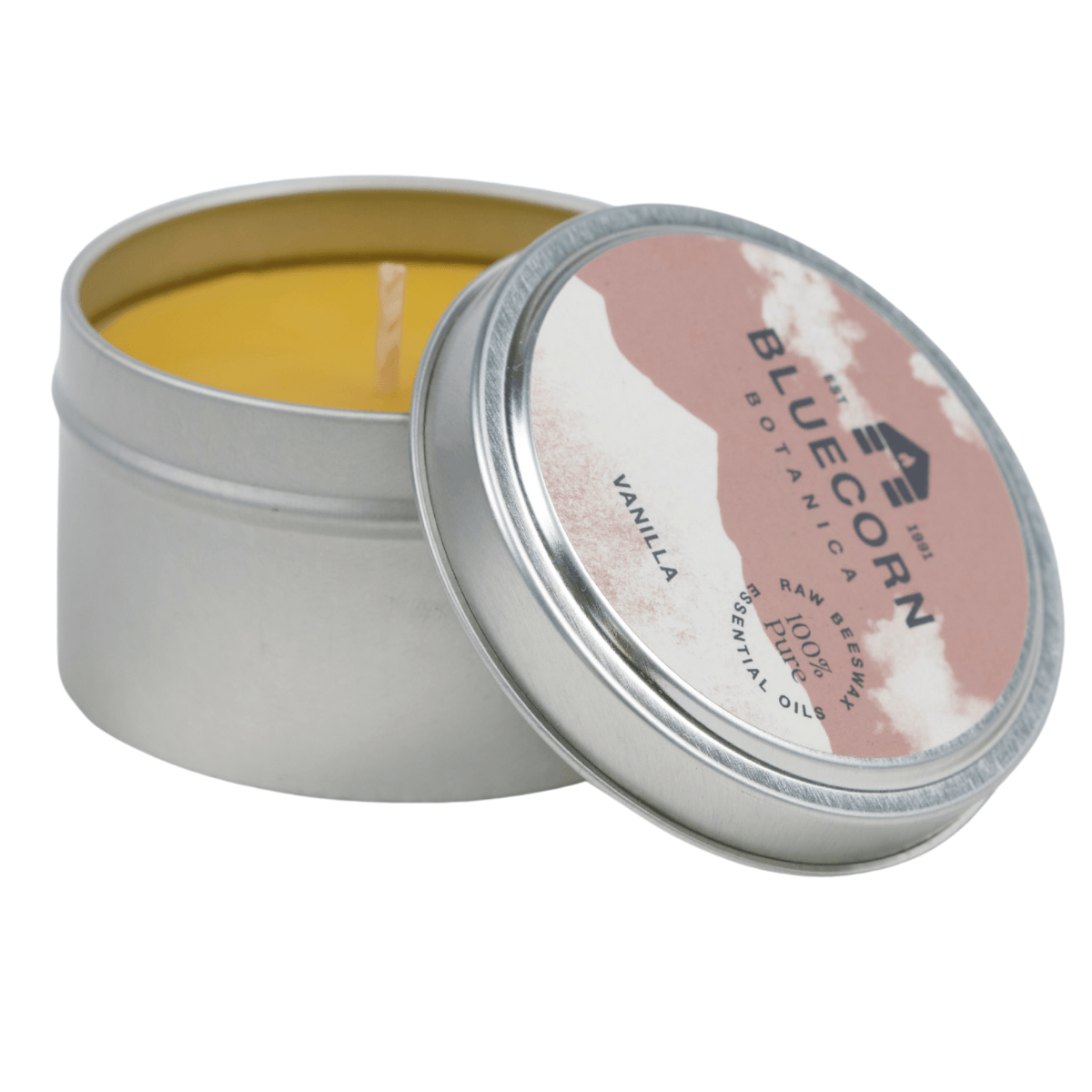 Bluecorn Botanica Vanilla 100% Pure Beeswax Travel Tin Candle. Burn Time: 6oz Candle: 30 Hours. 2oz Candle 12 Hours. Made with 100% Pure Beeswax and 100% Pure Essential Oils. Made with 100% pure cotton wick, no lead and paraffin free. Clean burning and non-toxic. Features Bluecorn Botanica Label in recyclable aluminum tin. Perfect for travel, camping and gifts.