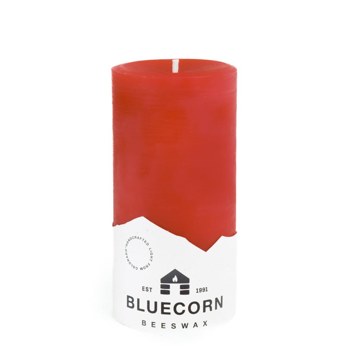 Bluecorn Beeswax 100% Pure Beeswax 3" x 6" Colored Pillar Candle. Burn Time: 90 hours. Made with 100% Pure Beeswax, wax is red in color. Made with 100% pure cotton wick, no lead and paraffin free. Clean burning and non-toxic. Features Bluecorn Beeswax label printed on 100% recycled paper. Clearance items might have an odd blemish or air bubble, but will still burn beautifully.