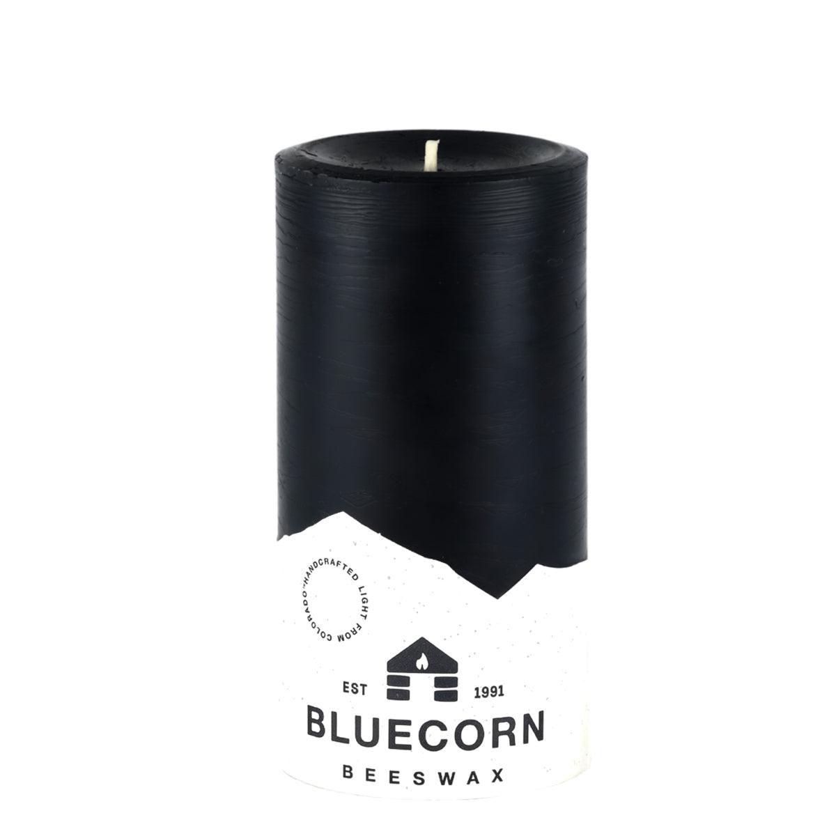 Bluecorn Beeswax 100% Pure Beeswax 3" x 6" Colored Pillar Candle. Burn Time: 90 hours. Made with 100% Pure Beeswax, wax is Black in color. Made with 100% pure cotton wick, no lead and paraffin free. Clean burning and non-toxic. Features Bluecorn Beeswax label printed on 100% recycled paper. Clearance items might have an odd blemish or air bubble, but will still burn beautifully.
