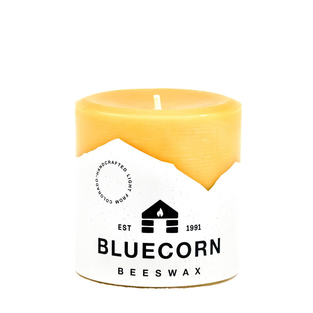 Bluecorn Beeswax 100% Pure Beeswax 4" x 4" Raw Pillar Candle. Burn Time: 120 hours. Made with 100% Pure Beeswax, wax is golden in color with a light honey scent. Made with 100% pure cotton wick, no lead and paraffin free. Clean burning and non-toxic. Features Bluecorn Beeswax label printed on 100% recycled paper. Clearance items might have an odd blemish or air bubble, but will still burn beautifully.