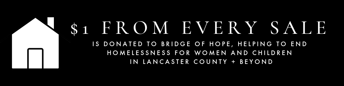 Black and white logo with text about donating to Bridge of Hope for homelessness.
