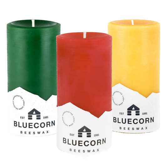 Holiday Beeswax Pillar Candle Trio - Raw, Red & Moss - Bluecorn Candles