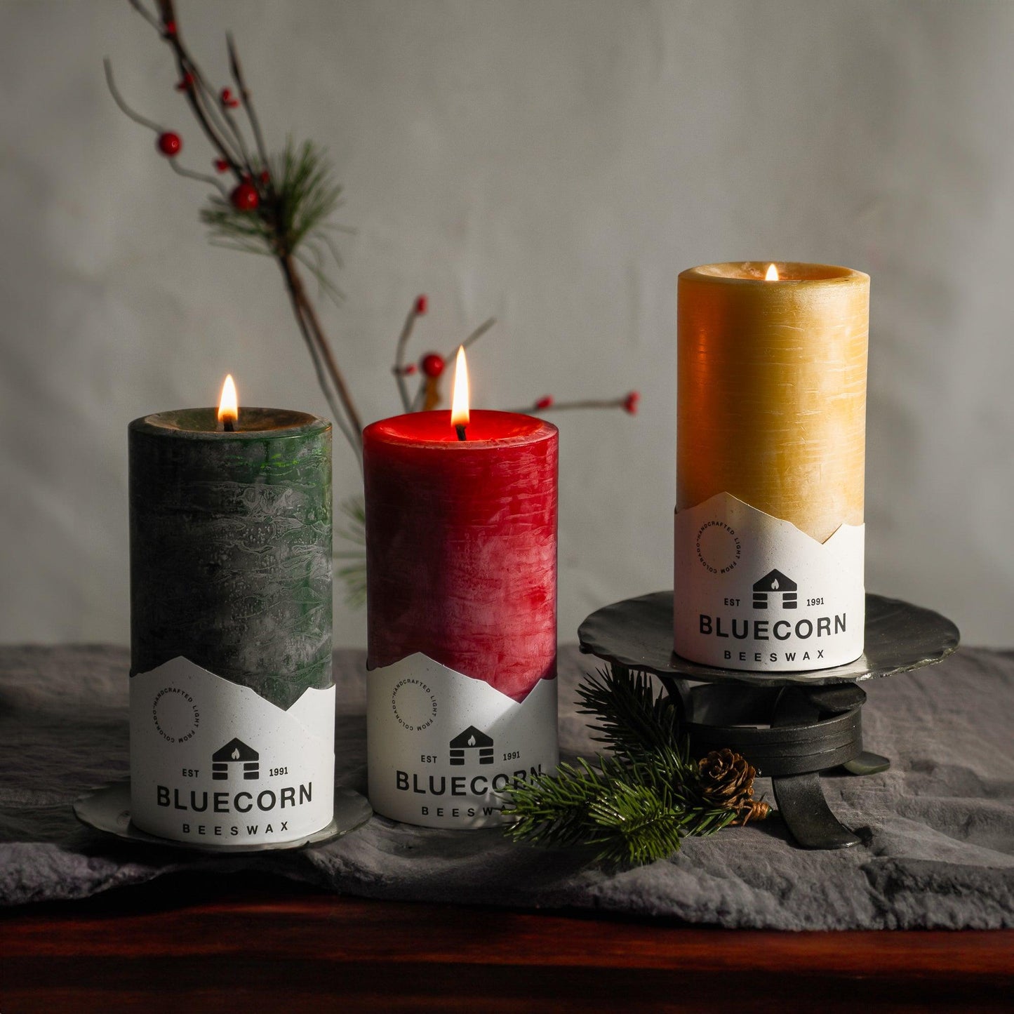 Holiday Beeswax Pillar Candle Trio - Raw, Red & Moss - Bluecorn Candles