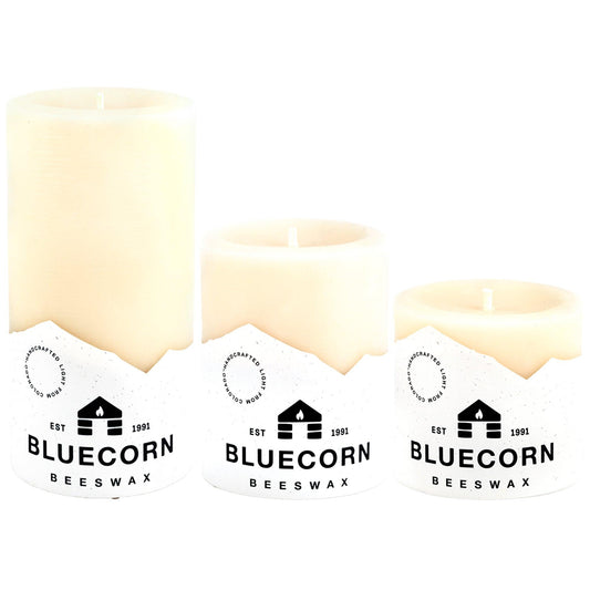 Trio of Ivory Beeswax Pillar Candles - Bluecorn Candles