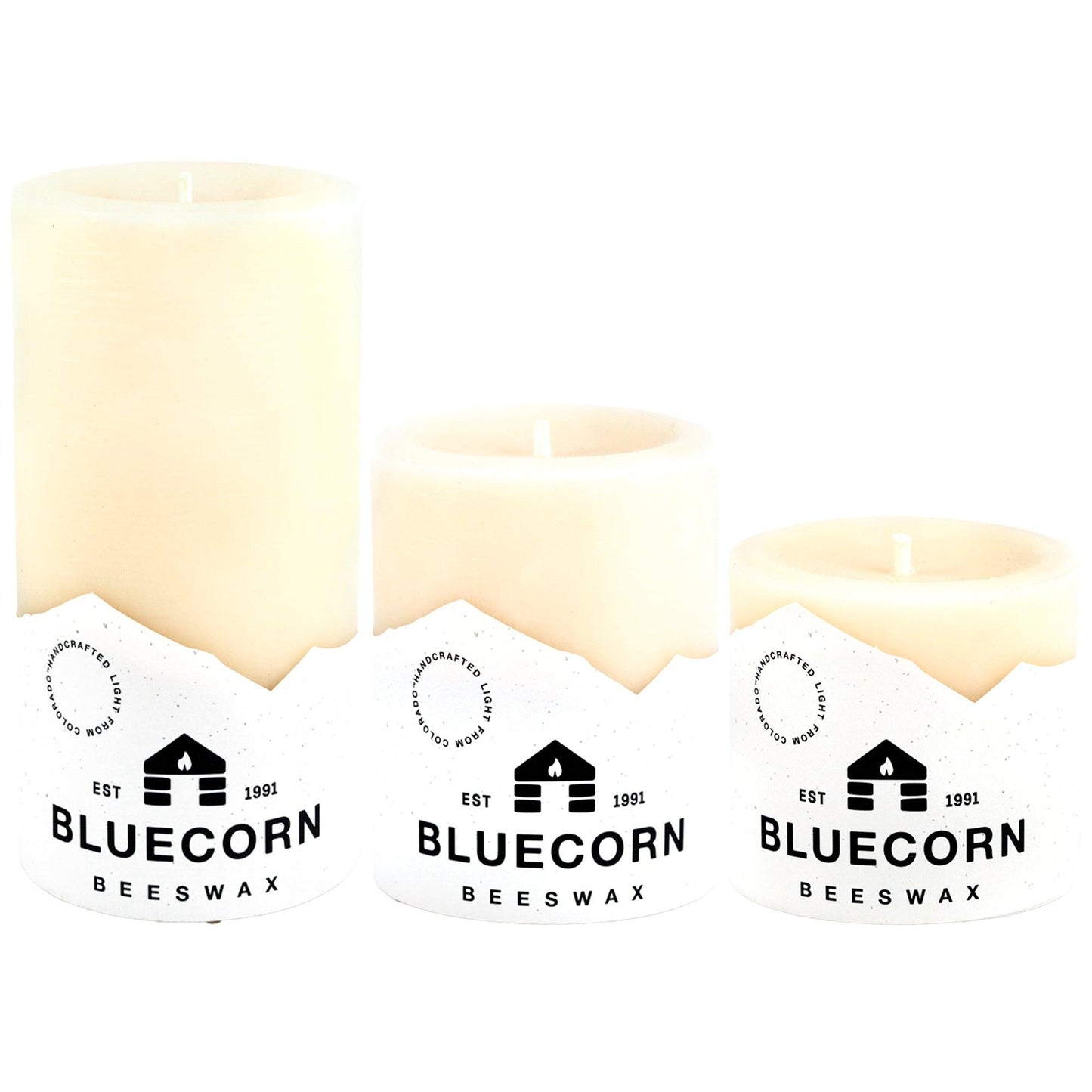 Trio of Ivory Beeswax Pillar Candles - Bluecorn Candles