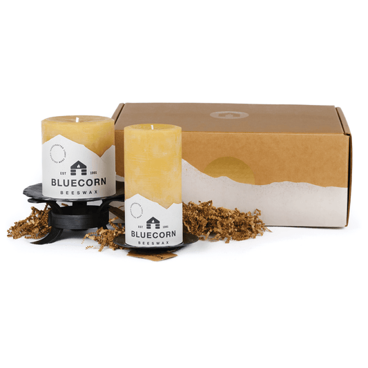 Handmade Bluecorn Beeswax candle and holder gift set. Idea christmas gift, wedding present or corporate gift.  candle gift set