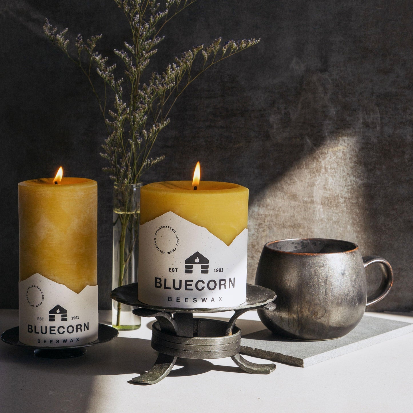 Large Raw Beeswax Pillar & Hand-Forged Holder Gift Set - Bluecorn Candles - candle gift set
