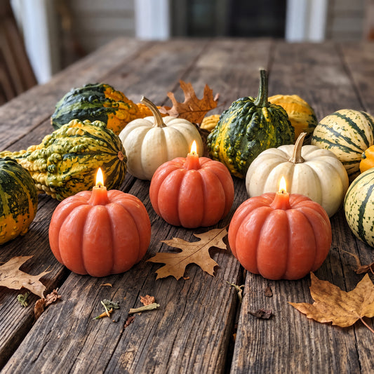 three orange pumpkin shaped beeswax candles lit and glowing beside some fall decor gourds