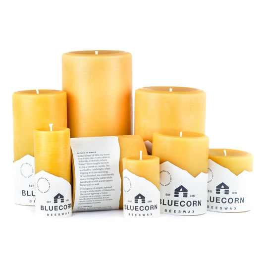 Natural Beeswax Pillar Candles from Bluecorn Candles including a variety of large beeswax pillar candles