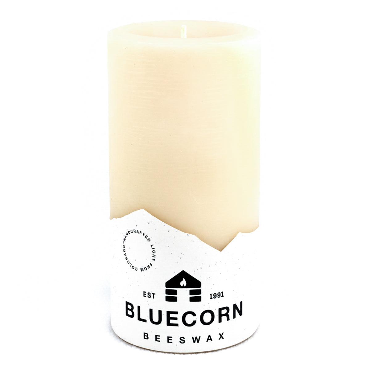 Bluecorn Beeswax 100% Pure Beeswax 3" x 6" Ivory Pillar Candle. Burn Time: 90 hours. Made with 100% Pure Beeswax, is white in color. Made with 100% pure cotton wick, no lead and paraffin free. Clean burning and non-toxic. Features Bluecorn Beeswax label printed on 100% recycled paper. 