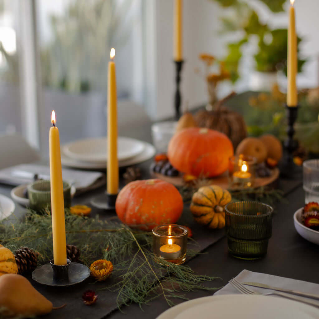 festive beeswax taper candles for thanksgiving and fall decor