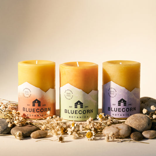 three scented beeswax candles from bluecorn in a row with some dried flowers and stones fall decor