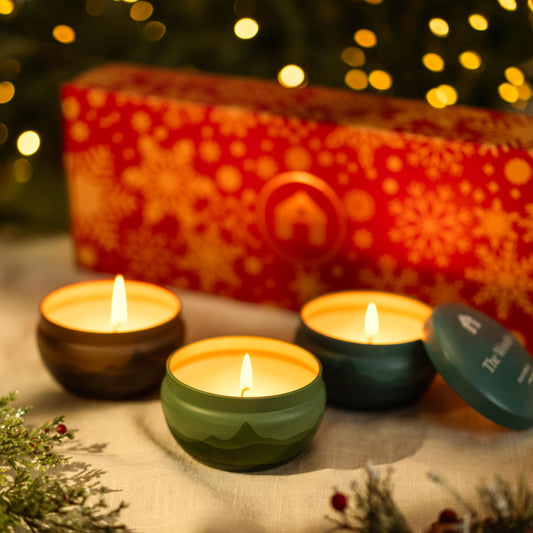 Holiday Scented Candle Gift Box - Three 8oz Aromática Candle Tins - Pumpkin, Pine & Woodsy