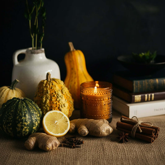 Pumpkin Candle burning with pumpkins and gourds