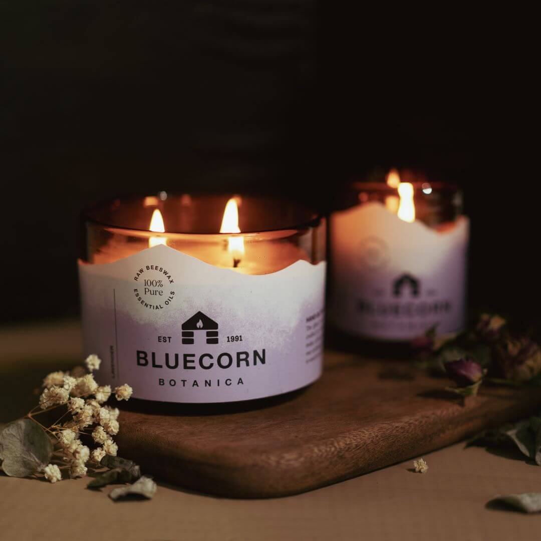 pure beeswax candle in blown glass holder bluecorn handmade in usa
