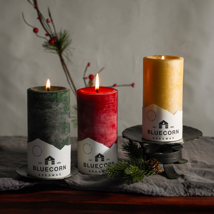 bluecorn beeswax candles - colored pillar candles in green red and yellow