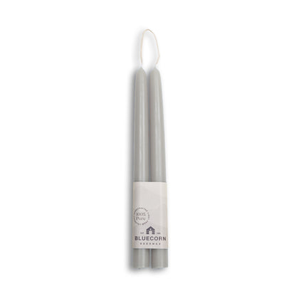 Pure beeswax taper candles from Bluecorn Candles. Gray candles. Two 10 inch tall candles. Non toxic candles.