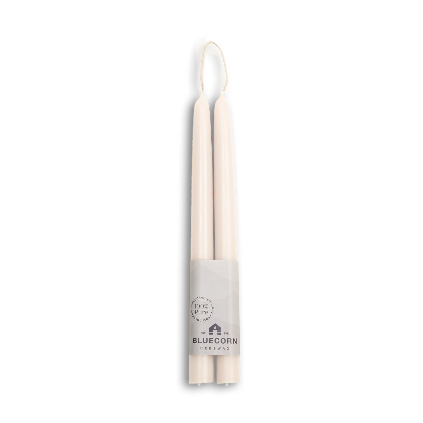 Pure beeswax candle sticks from Bluecorn Candles. White taper candles. Pair of 10" long candles. Non toxic candles.
