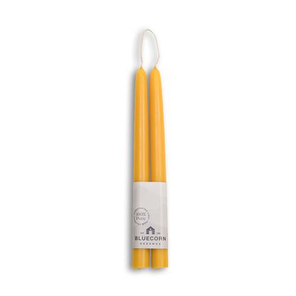 Pure beeswax taper candles from Bluecorn Candles. Pair of 10" long candlesticks. Yellow tapered candles. Natural, non toxic candles.