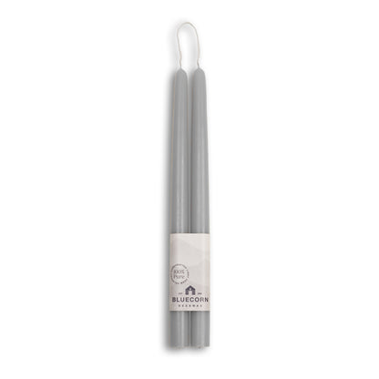 Pure beeswax taper candles from Bluecorn Candles. Gray candles. Two 12 inch tall candles. Non toxic candles.