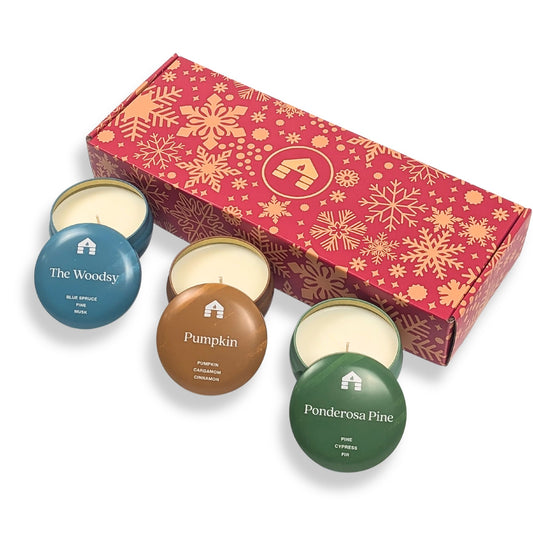 Holiday Scented Candle Gift Box - Three 8oz Aromática Candle Tins - Pumpkin, Pine & Woodsy