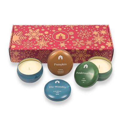 Holiday Scented Candle Gift Box - Three 8oz Aromática Candle Tins - Pumpkin, Pine & Woodsy