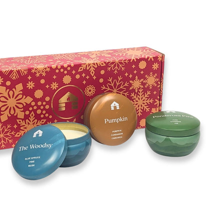 Holiday Scented Candle Gift Box - Three 8oz Aromática Candle Tins - Pumpkin, Pine & Woodsy