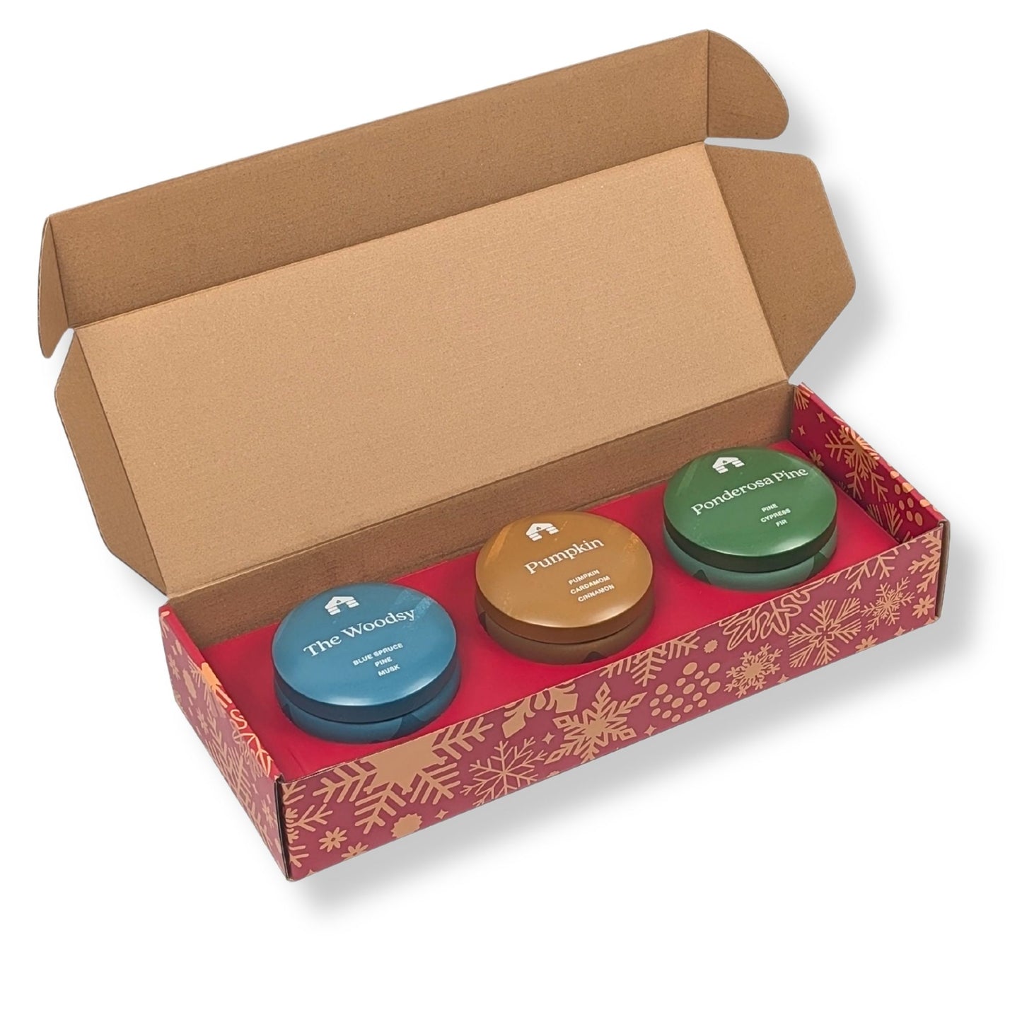 Holiday Scented Candle Gift Box - Three 8oz Aromática Candle Tins - Pumpkin, Pine & Woodsy