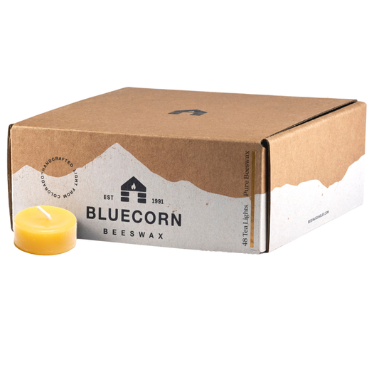 Bluecorn beeswax tea light bundle — 48 refills and 3 reusable holders