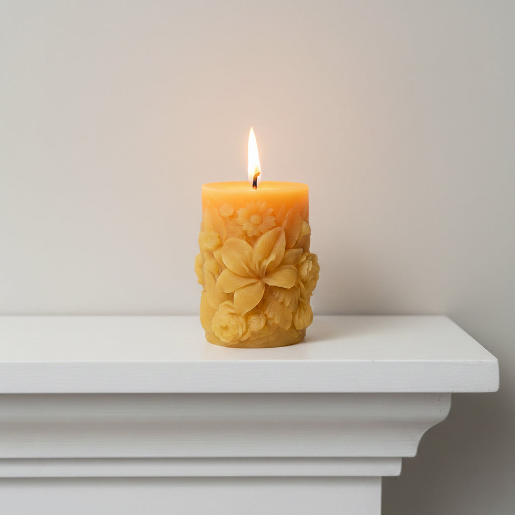 Sculpted Floral Beeswax Pillar Candle – Scented with Essential Oils