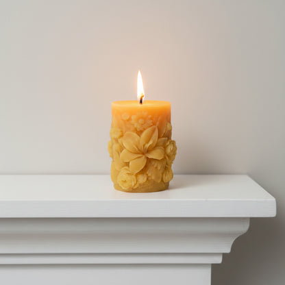 Sculpted Floral Beeswax Pillar Candle – Scented with Essential Oils