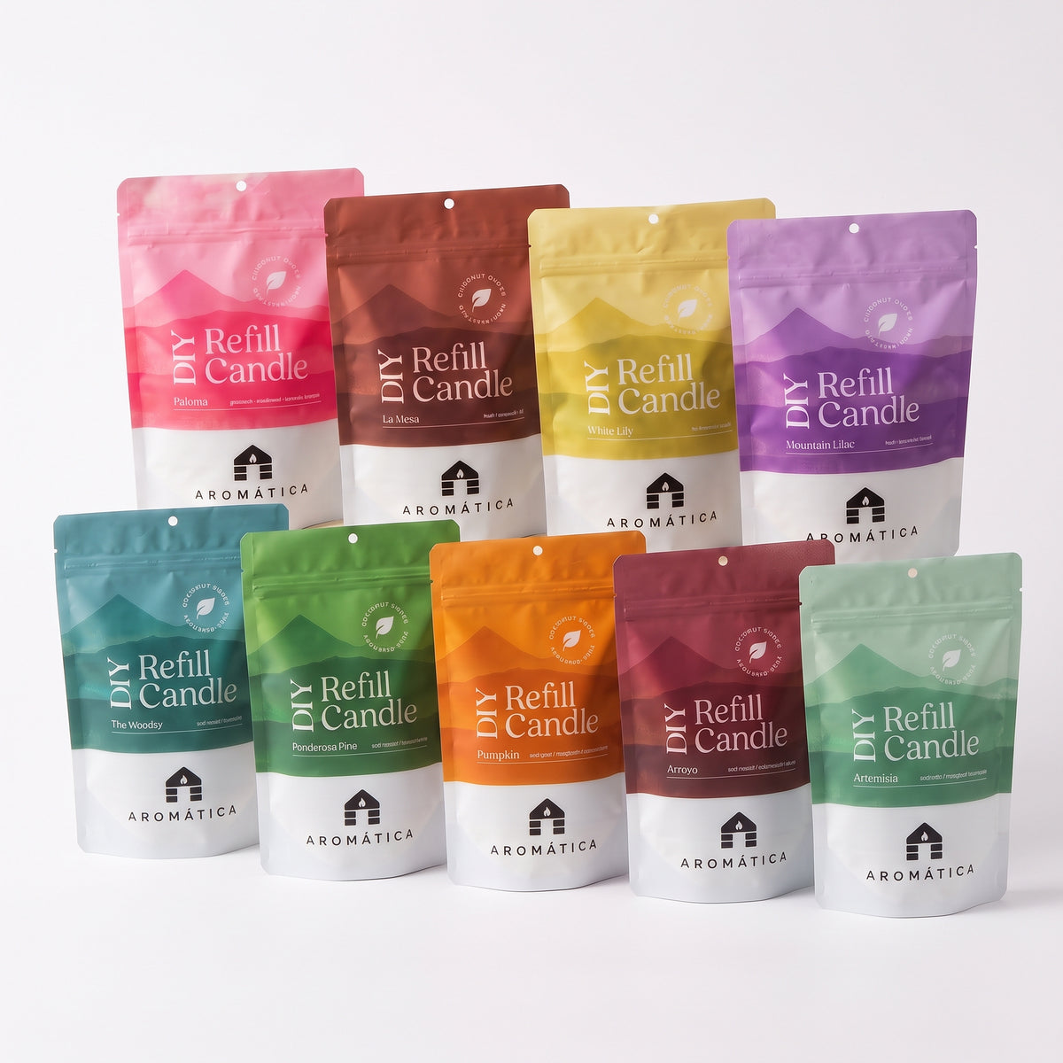 Aromática scented coconut wax candle refill kits in all nine scents