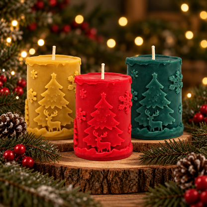Raw, red and forest green beeswax Christmas pillar candles displayed with evergreen branches, berries and pinecones.