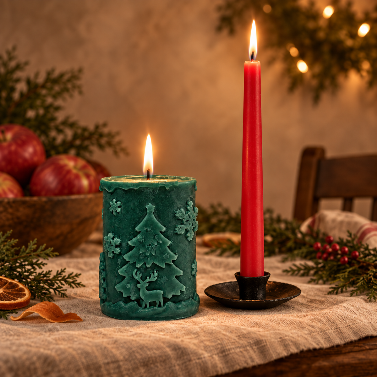 Lit forest green beeswax Christmas pillar candle beside a red beeswax taper in a black iron holder on a holiday table.